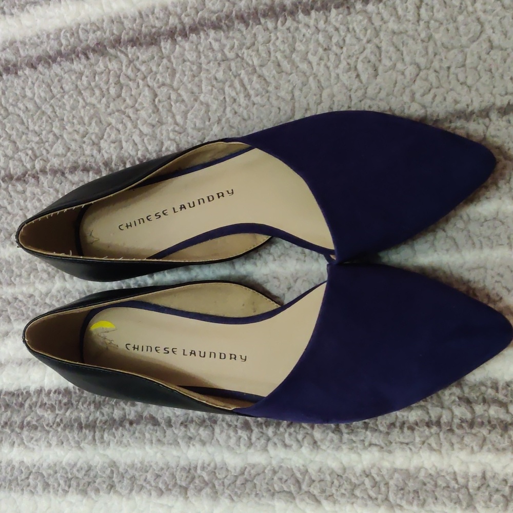 Blue Suede/Black leather D'Orsay flats